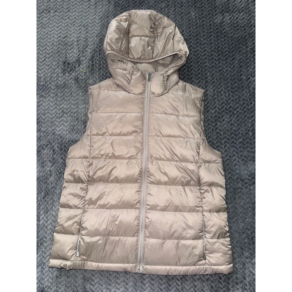 ATHLETA Aire Puffer Vest Hooded Feather Beige Water Repellant Size Small